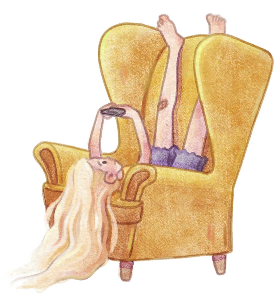 Lilly liegt rückwärts auf einem Sessel und guck in ihr Handy Lilly lying backwards on an armchair looking into her phone